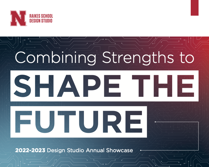 The cover of the Design Studio 2022 to 2023 annual
							report, with the text Combining Strengths to
							Shape the Future covering a white and red colored
							background.