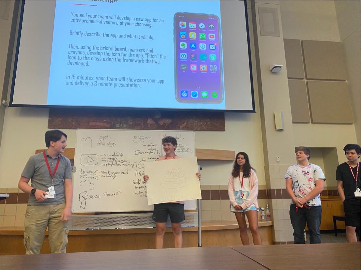 A group of campers present a pitch for an app logo.