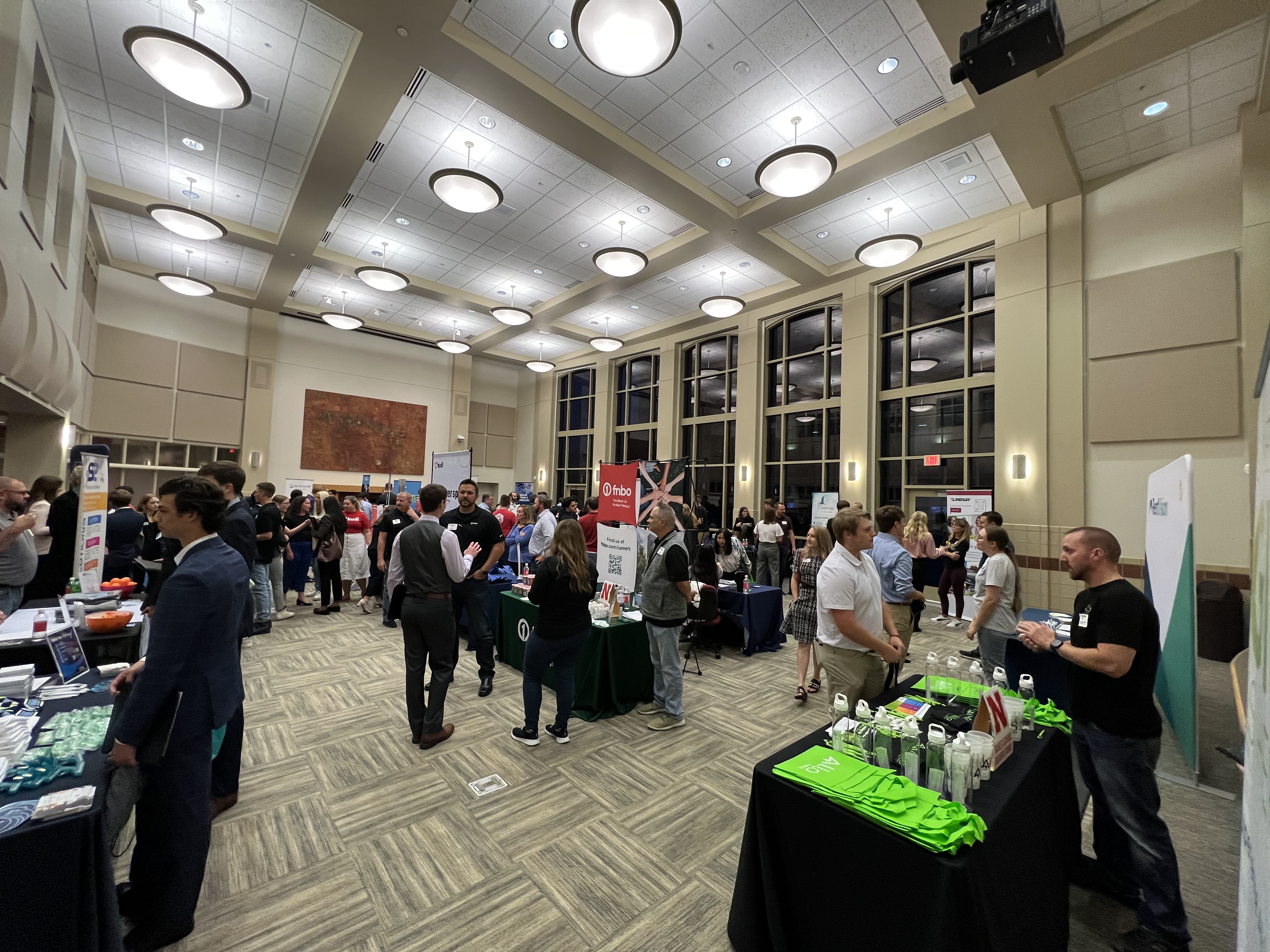 Wide angle image of the Kauffman Great Hall during the Raikes School Career Fair
