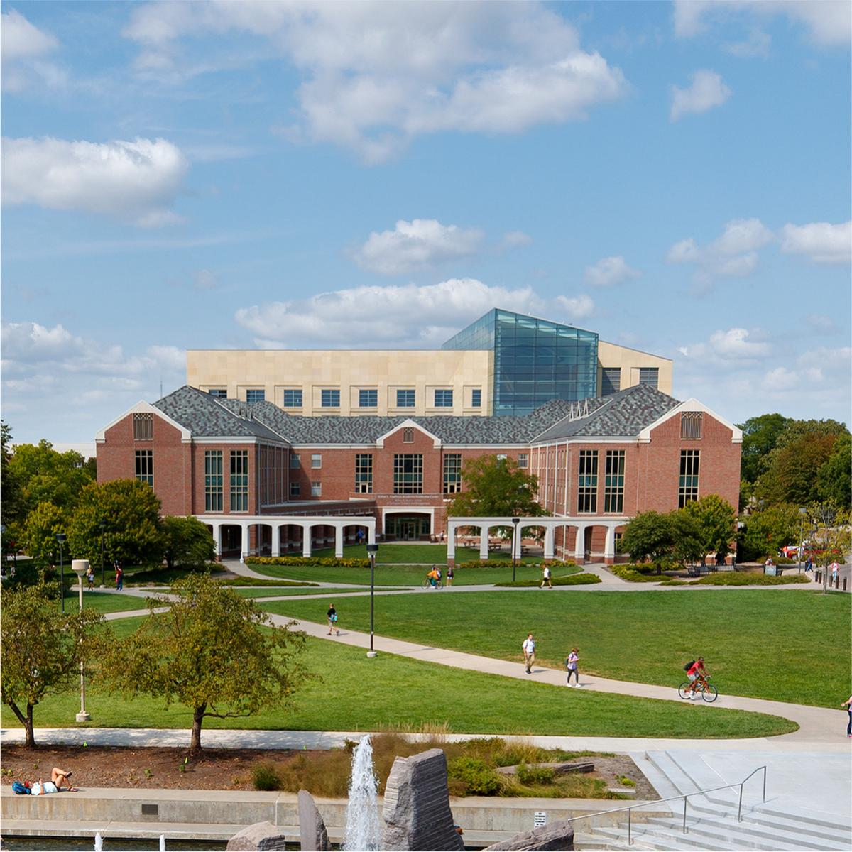 An aeral photograph of a large brick building.