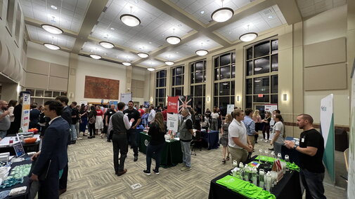 Wide angle image of the Kauffman Great Hall during the Raikes School Career Fair