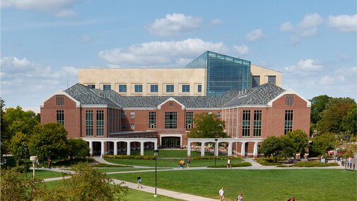 An aeral photograph of a large brick building.