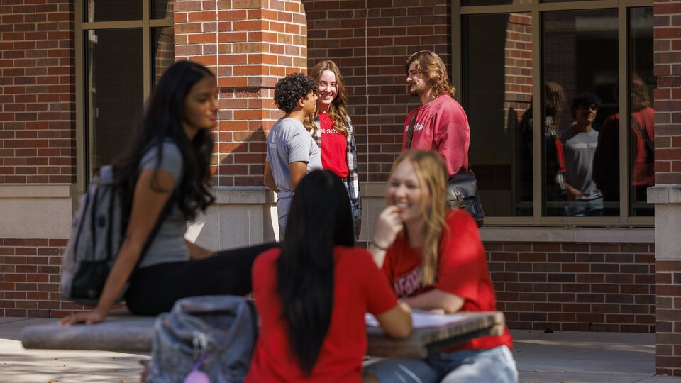 A group of students outside talking