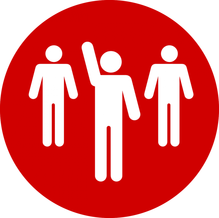 A graphic representing a person with their right arm raised above their head, with two people stood behind them, one to their left and the other to their right.