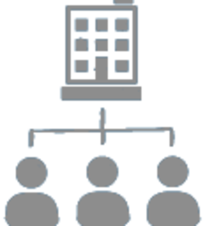 A graphic representing a large building and three people, connected via a flow-chart line.