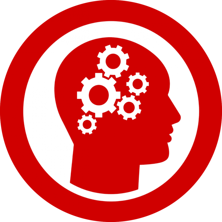 A graphic representing a side profile of a human head, with turning cogs representing a human brain