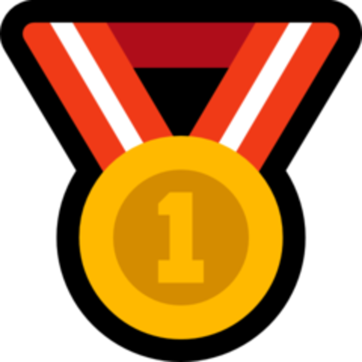 A graphic representing a medal with the number 1 emblazoned upon it, with a red and white striped ribbon.