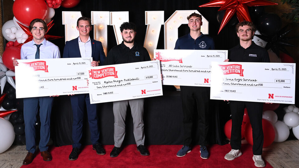 (From left) Brody Marr (PROTO), Patrick Stolinski (PROTO), Andreas Katsaounis (Alpha Omega Pickleball), Joseph Weinberger (J&D Lake Services) and Jackson Donley (SomeGuys Services) earned top honors in the University of Nebraska–Lincoln’s 38th annual New Venture Competition. The students were among 64 teams who pitched startup ideas for a share of $82,500 in prize money.