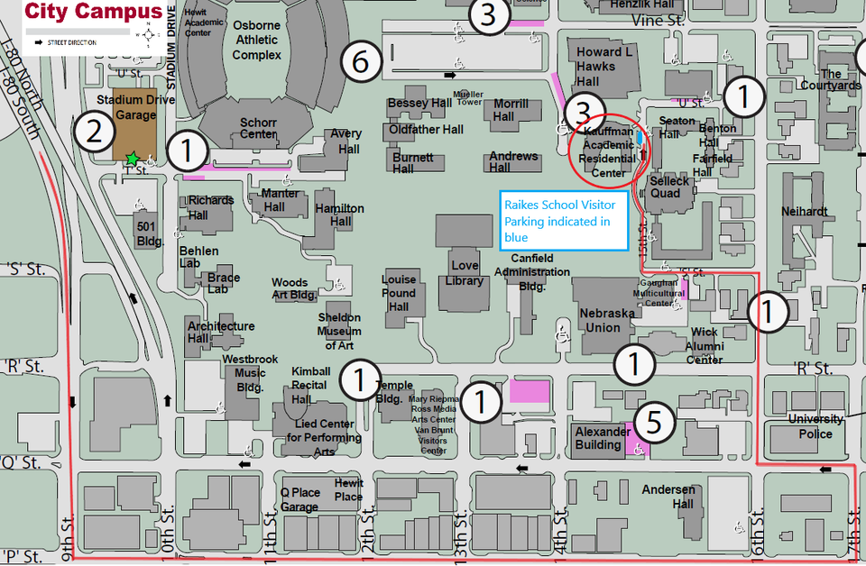 A map diagram depicting the route to the Kauffman Academic Residential Center.