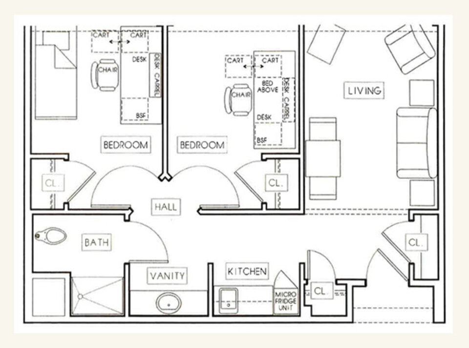 A floor plan diagram of a double bedroom suite with a living room.