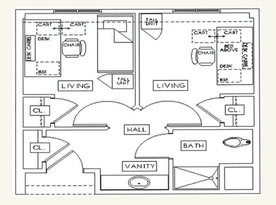 A floor plan diagram of a double bedroom suite.