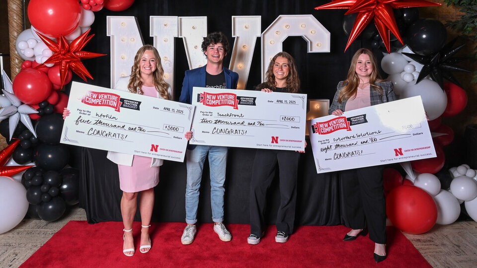 (From left) Madison Kreifels (InfoFilm), Nathan Ray (TeachFront), Lena Lankas (TeachFront) and Brooke Parrish (FuturHerd Solutions) were the winners in the Advanced Traction Bracket.