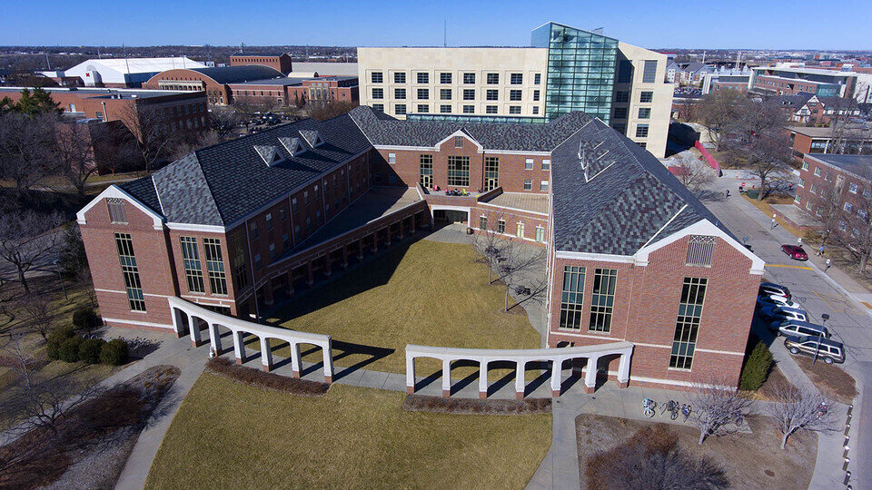 An aeral photograph of a brick building.