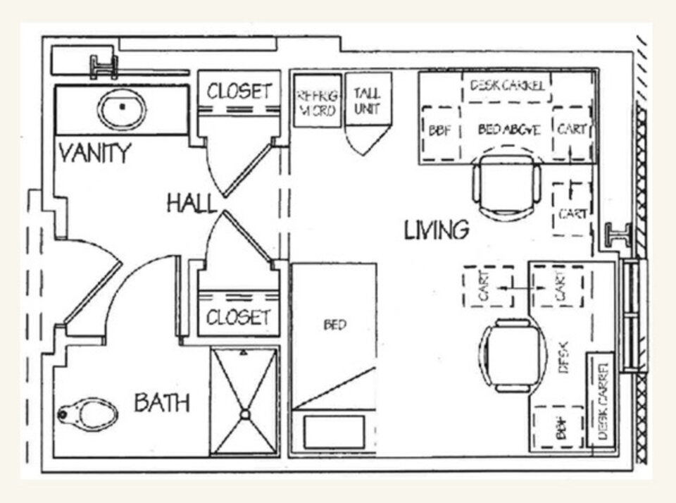 A floor plan diagram of a single bedroom suite.